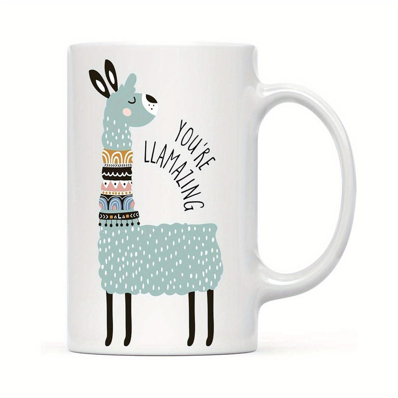 Tailorly White Ceramic 11 oz Mug - Youre Llamazing Adorable Blue Textured Llama Featuring Boho Style Tribal Neck Patterns Llama