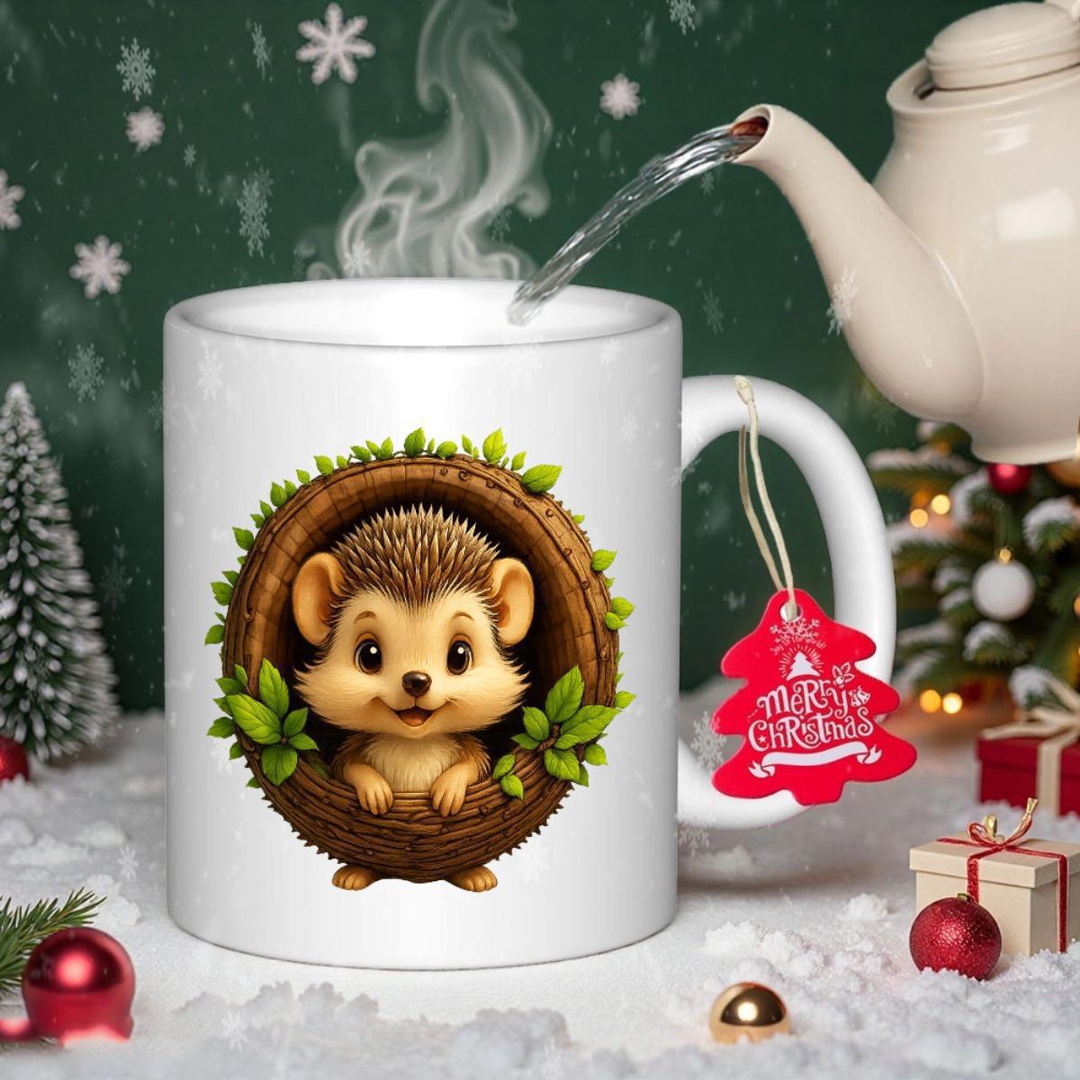Tailorly White Ceramic 11 oz Mug - Merry Christmas Cute Tiny Hedgehog Sitting Inside A Round Leafy Wooden Frame Hedgehog