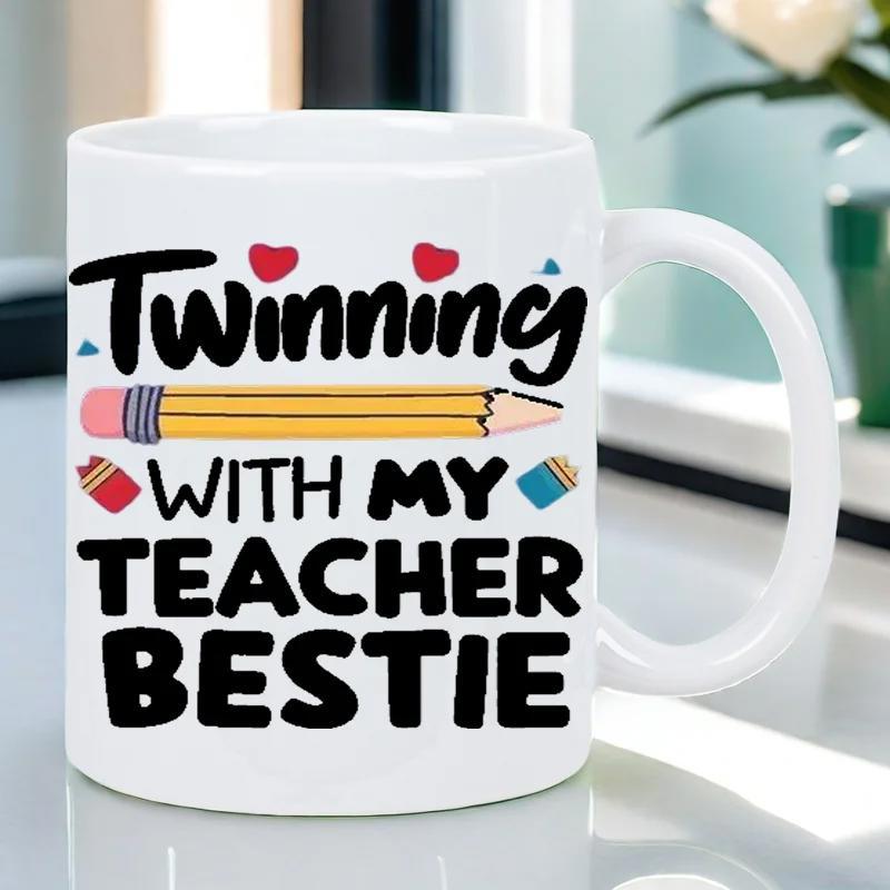 Tailorly White Ceramic 11 oz Mug - Twinning With My Teacher Bestie Classic Yellow School Pencil Surrounded By Red Hearts And Small Geometric Symbols Pencil