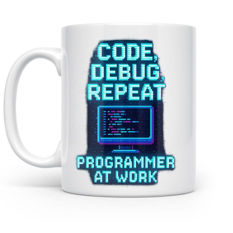 Tailorly White Ceramic 11 oz Mug - Code Debug Repeat Programmer At Work Neon Pixel Digital Screen Displaying Glowing Lines Of Software Coding Computer