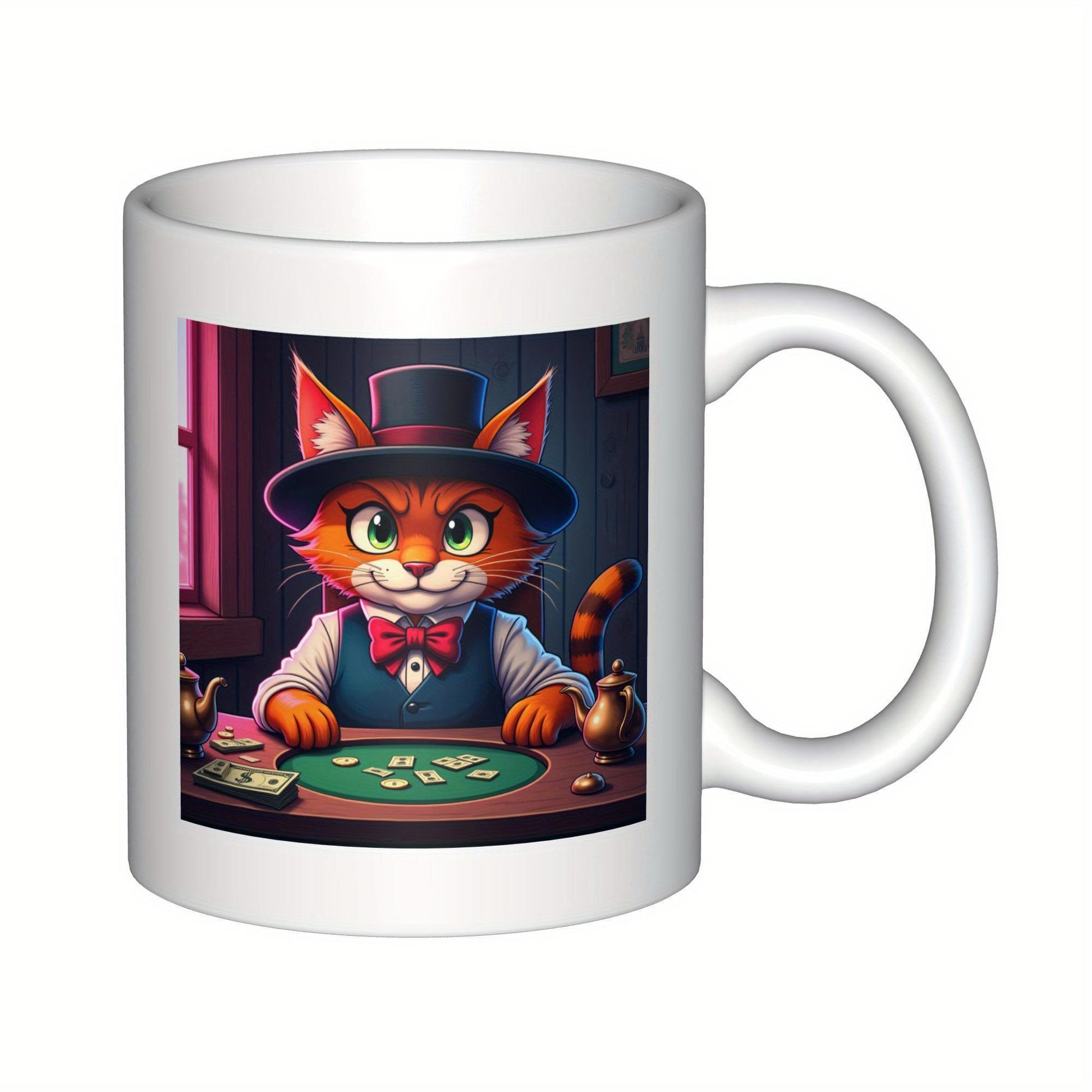 Tailorly White Ceramic 11 oz Mug - Ginger Feline Wearing Top Hat Playing Poker At A Green Table Cat