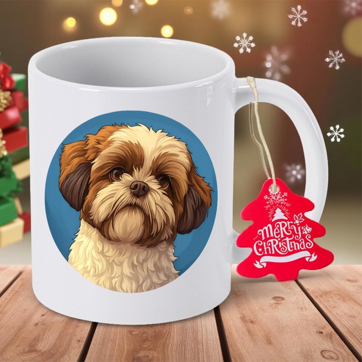 Tailorly White Ceramic 11 oz Mug - Merry Christmas Adorable Brown And White Shih Tzu Portrait Inside A Blue Circle Dog