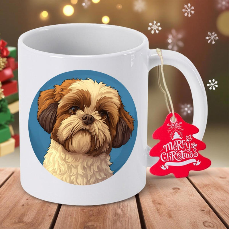 Tailorly White Ceramic 11 oz Mug - Merry Christmas Adorable Brown And White Shih Tzu Portrait Inside A Blue Circle Dog