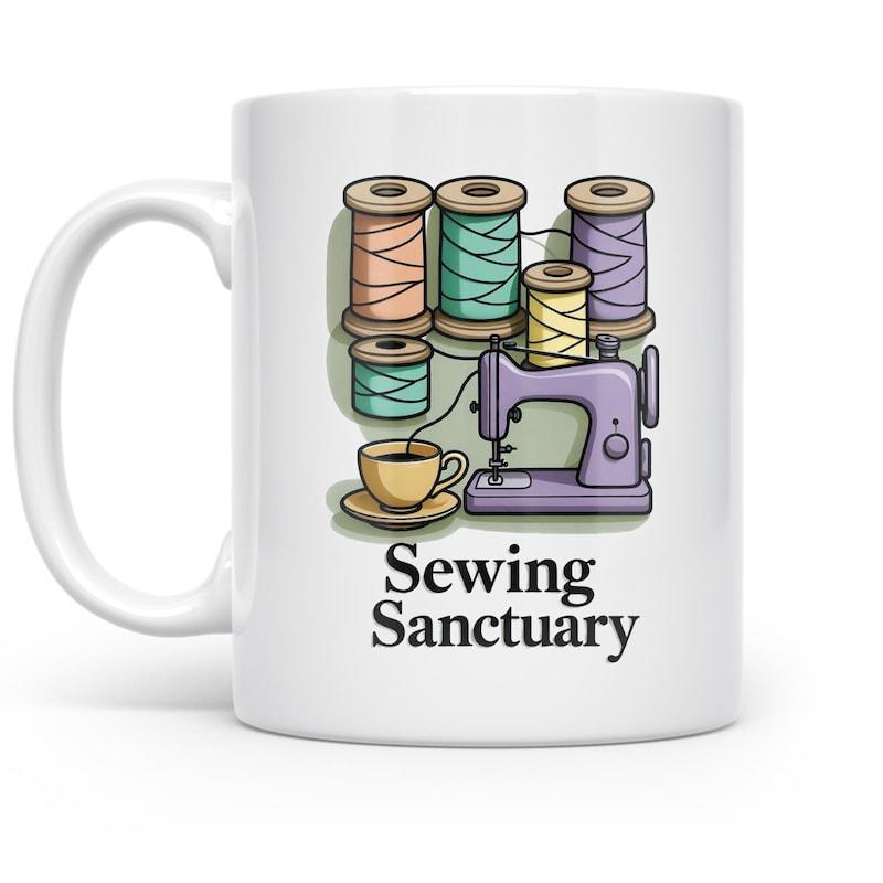 Tailorly White Ceramic 11 oz Mug - Sewing Sanctuary Colorful Spools Of Thread Stacked Behind A Purple Vintage Sewing Machine