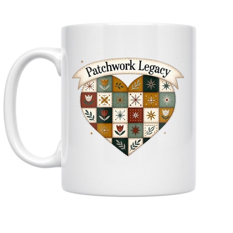 Tailorly White Ceramic 11 oz Mug - Patchwork Legacy Rustic Quilted Design Featuring Traditional Folk Art Flowers And Stars Heart