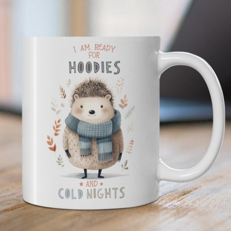 Tailorly White Ceramic 11 oz Mug - I Am Ready For Hoodies And Cold Nights Adorable Small Animal Wearing A Cozy Blue Scarf Amidst Autumnal Leaves Hedgehog