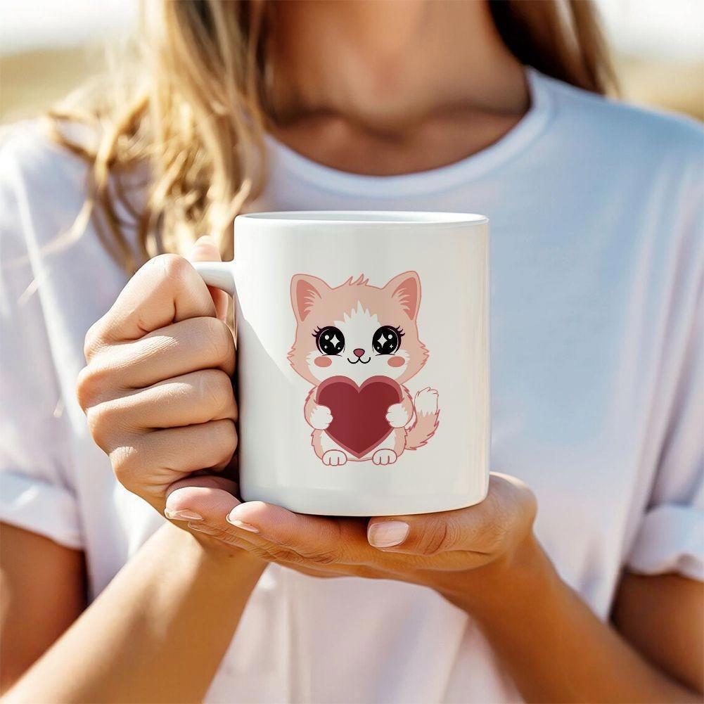 Tailorly White Ceramic 11 oz Mug - Adorable Pink Kitten Holding A Red Heart Under Soft Sunlight Cat