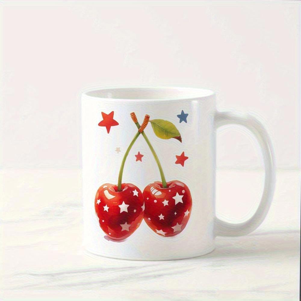 Tailorly White Ceramic 11 oz Mug - Vibrant Red Ripe Fruit With Twinkling Stars And Green Leaf Cherry