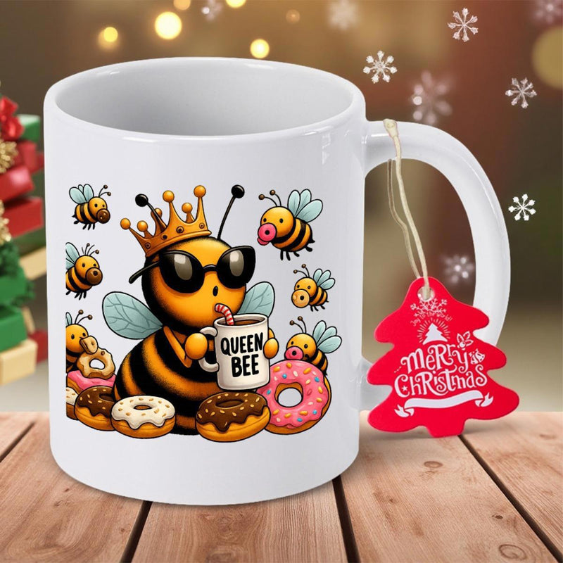 Tailorly White Ceramic 11 oz Mug - Queen Bee Merry Christmas Charming Cartoon Royal Bee Wearing Sunglasses Beside Sweet Frosted Donuts Bee
