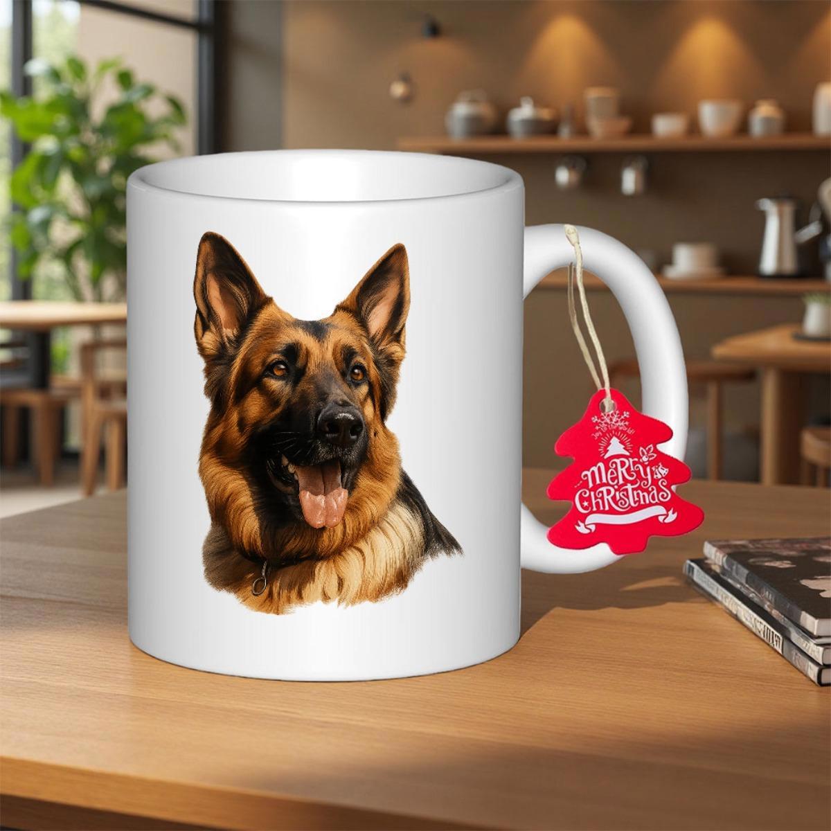 Tailorly White Ceramic 11 oz Mug - Merry Christmas Noble Realistic Portrait Of A Loyal Alert Animal German Shepherd