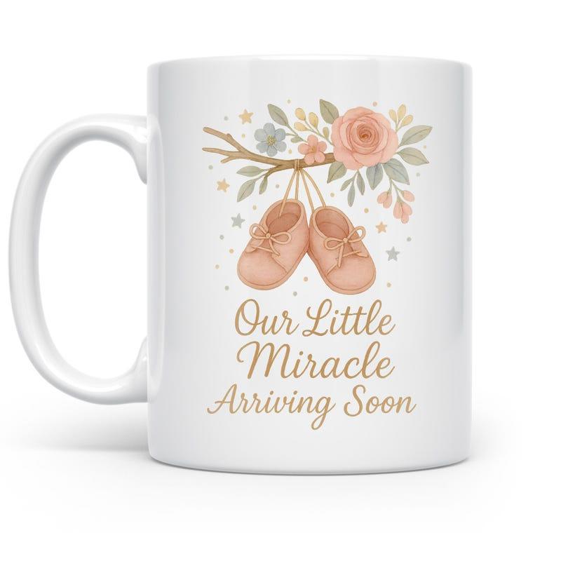 Tailorly White Ceramic 11 oz Mug - Our Little Miracle Arriving Soon Soft Watercolor Floral Branch With Hanging Pair Of Tiny Pinkish Baby Shoes