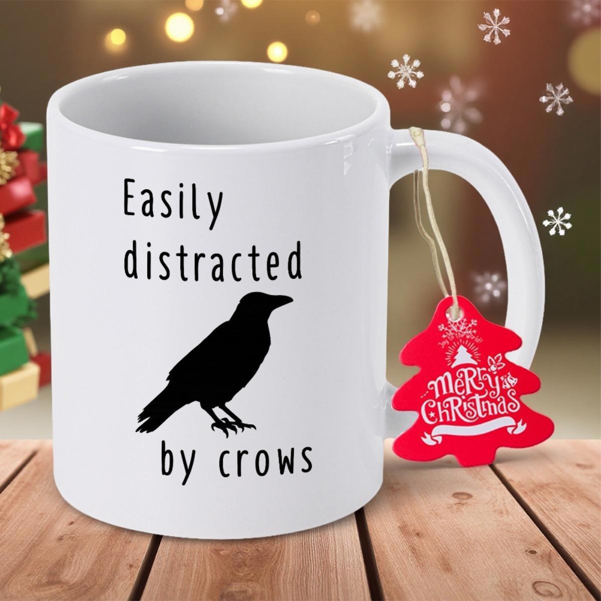 Tailorly White Ceramic 11 oz Mug - Easily Distracted By Crows Dark Silhouette Of A Graceful Raven Perched Calmly Crow