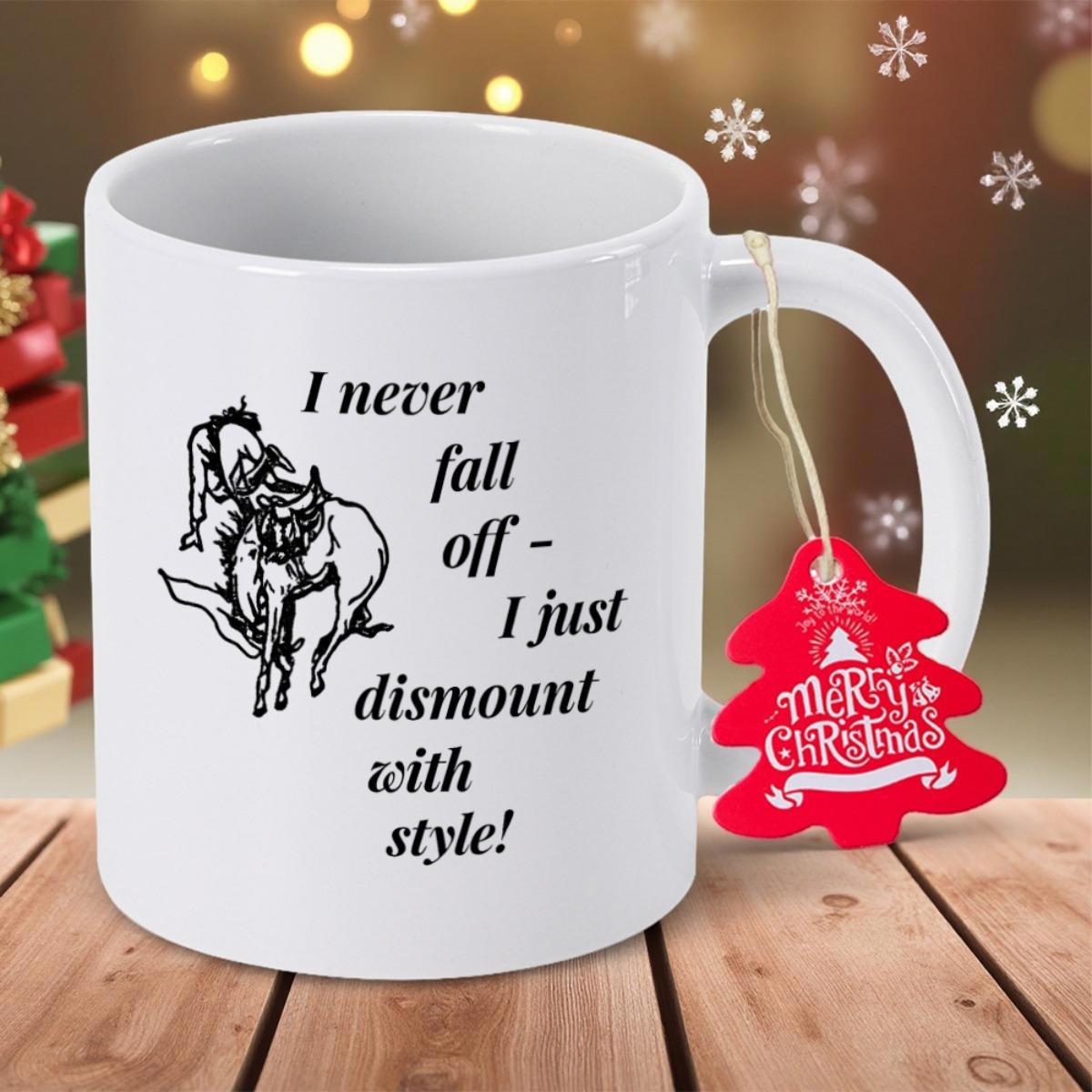 Tailorly White Ceramic 11 oz Mug - I Never Fall Off I Just Dismount With Style Dynamic Sketch Of A Powerful Bucking Wild Bronco Horse