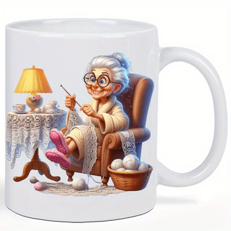 Tailorly White Ceramic 11 oz Mug - Kind Elderly Woman Knitting Peacefully While Sitting In A Cozy Armchair Grandmother