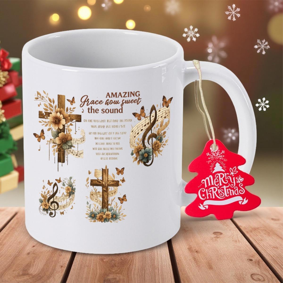Tailorly White Ceramic 11 oz Mug - Amazing Grace How Sweet The Sound Vintage Style Wooden Religious Symbols With Sunflowers And Delicate Butterflies Cross