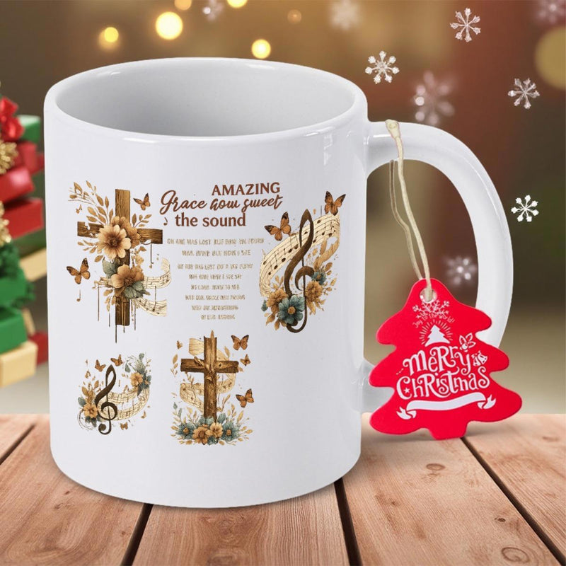 Tailorly White Ceramic 11 oz Mug - Amazing Grace How Sweet The Sound Vintage Style Wooden Religious Symbols With Sunflowers And Delicate Butterflies Cross