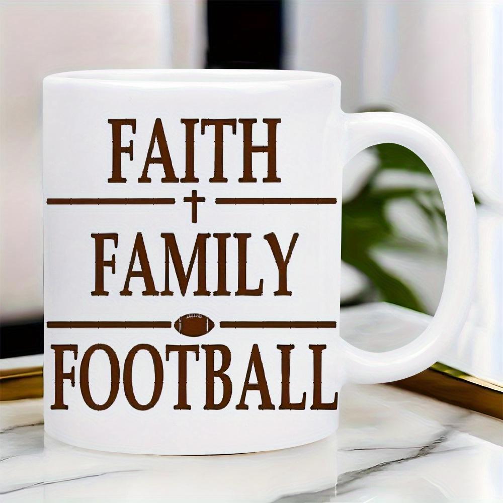 Tailorly White Ceramic 11 oz Mug - Faith Family Football Brown Rustic Lettering Separated By Small Religious Cross And Sports Football