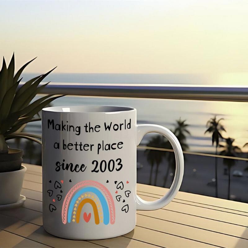 Tailorly White Ceramic 11 oz Mug - Making The World A Better Place Since 2003 Hand Drawn Pastel Rainbow With Tiny Hearts Over A Pristine