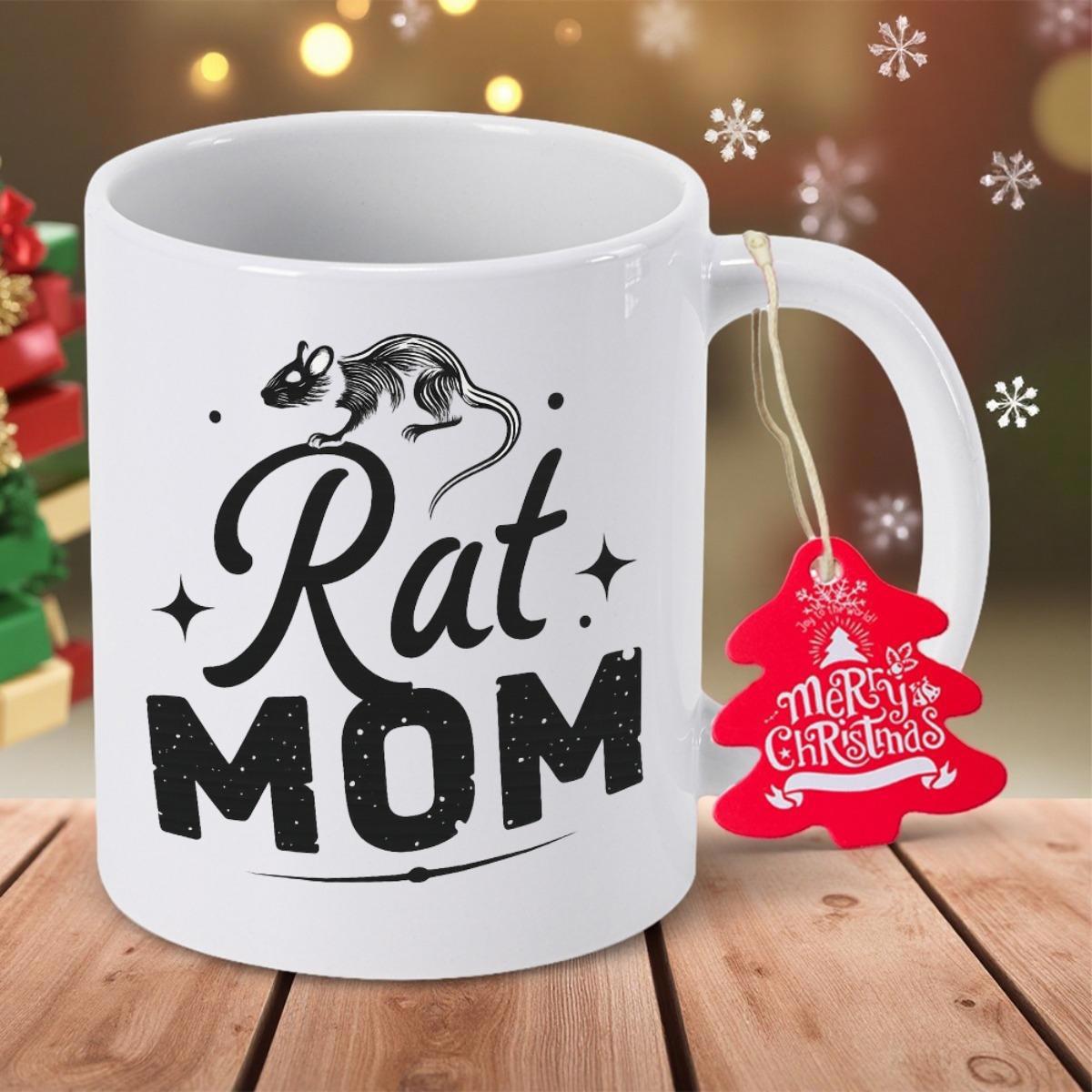 Tailorly White Ceramic 11 oz Mug - Rat Mom Black Silhouette Pet Rat Walking Across Decorative Elegant Text Rat