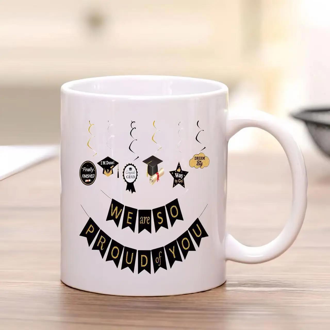 Tailorly White Ceramic 11 oz Mug - We Are So Proud Of You Graduation Caps And Stars Hanging With A Festive Celebration Banner