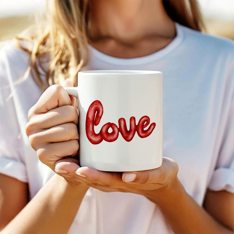 Tailorly White Ceramic 11 oz Mug - Love Stylized Red Balloon Texture 3D Bubble Script Font Featuring Warm Sentiments Mug