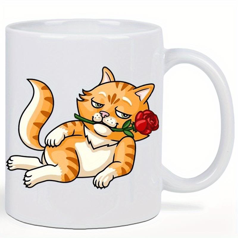 Tailorly White Ceramic 11 oz Mug - Playful Reclining Orange Tabby Holding A Red Rose In Its Mouth Cat