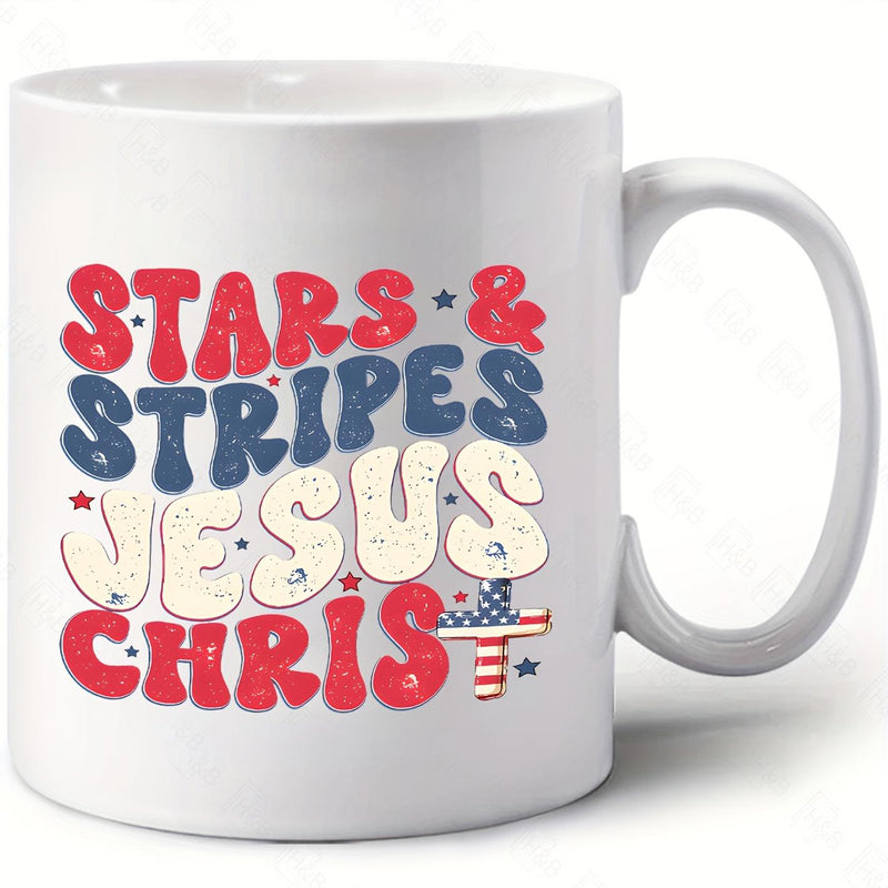 Tailorly White Ceramic 11 oz Mug - Stars Stripes Jesus Christ Patriotic American Flag Patterns Within A Groovy Font Decorative Cross