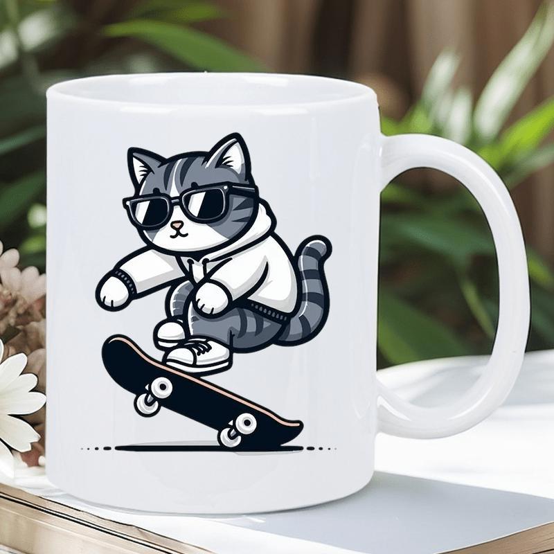 Tailorly White Ceramic 11 oz Mug - Cool Grey Tabby Wearing Sunglasses And Hoodie Riding A Skateboard Cat