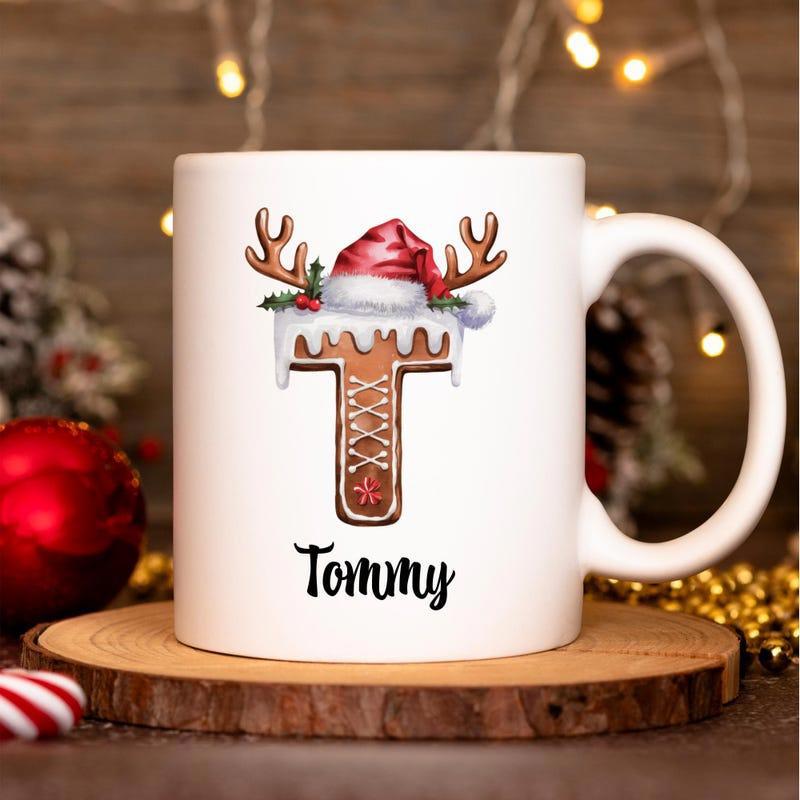 Tailorly White Ceramic 11 oz Mug - Tommy Festive Christmas Letter Decorated With Reindeer Antlers And Snow Gingerbread
