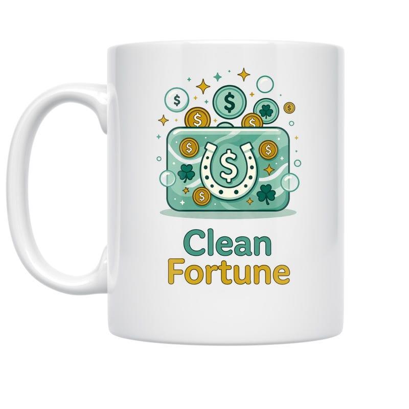 Tailorly White Ceramic 11 oz Mug - Clean Fortune Stylized Green Pouch With Golden Coins And Lucky Horseshoe Under Sparkles Wallet