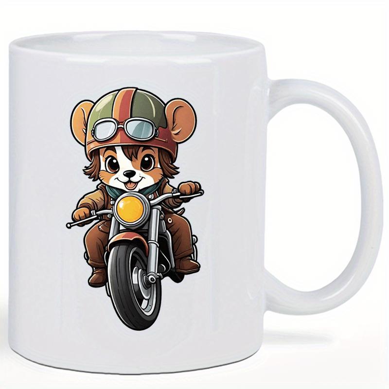 Tailorly White Ceramic 11 oz Mug - Cute Cartoon Animal Wearing Vintage Aviator Goggles Riding A Brown Motorcycle Bear