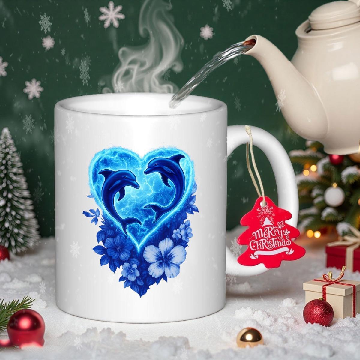 Tailorly White Ceramic 11 oz Mug - Merry Christmas Two Playful Blue Creatures Jumping Among Tropical Floral Heart Pattern Dolphin