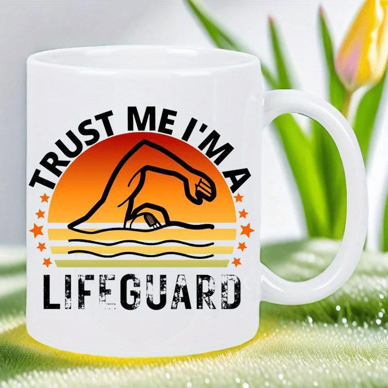 Tailorly White Ceramic 11 oz Mug - Trust Me Im A Lifeguard Vibrant Retro Sunset Backdrop With Determined Person Swimming Through Gentle Rippling Waves Swimmer