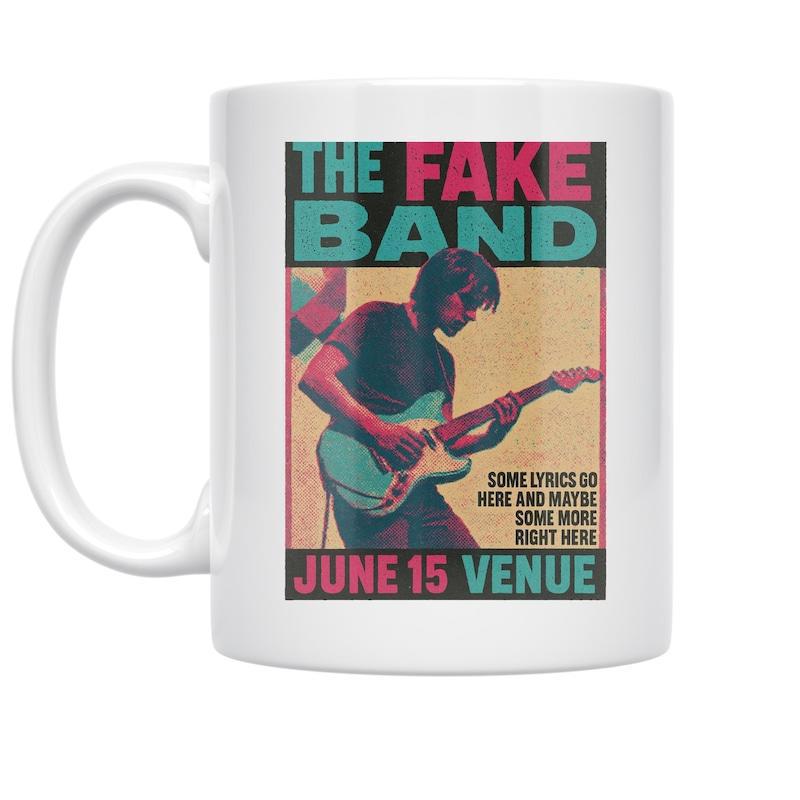Tailorly White Ceramic 11 oz Mug - The Fake Band June 15 Venue Vintage Artistic Musician Playing Electric Guitar On Retro Style Concert Poster Guitarist