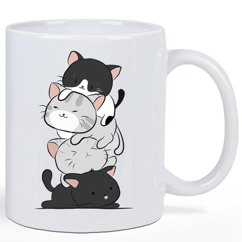 Tailorly White Ceramic 11 oz Mug - Stack Of Four Adorable Cartoon Kittens In Black And Grey Tones Cat