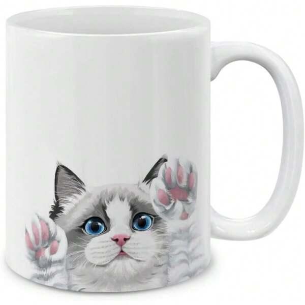 Tailorly White Ceramic 11 oz Mug - Adorable Fluffy Ragdoll Peeking With Pink Paws Against Glass Cat