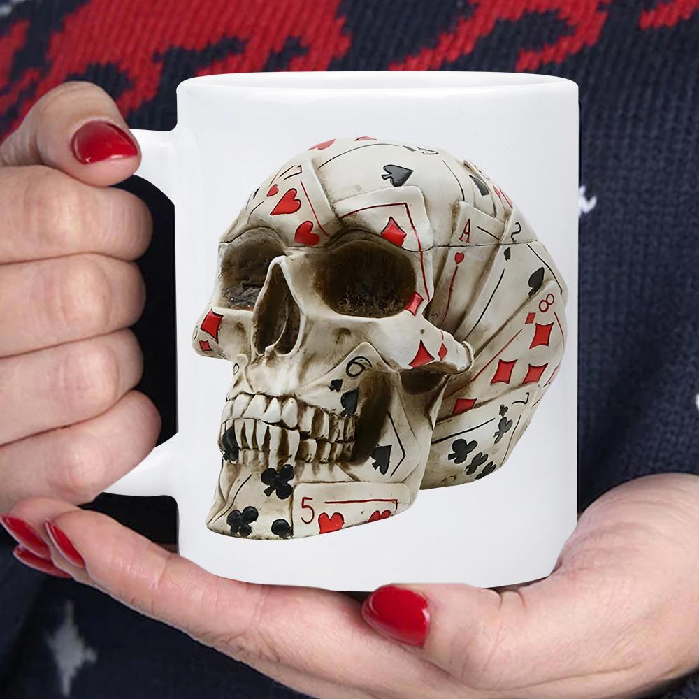 Tailorly White Ceramic 11 oz Mug - Intricately Detailed Bone Structure Wrapped In Classic Poker Playing Cards Skull