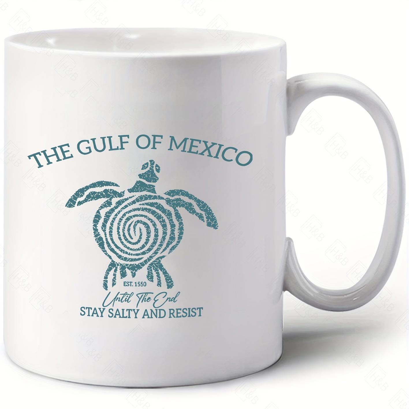 Tailorly White Ceramic 11 oz Mug - The Gulf Of Mexico Until The End Stay Salty And Reset Stylized Sea Turtle With A Spiral Shell Pattern Floating Calmly Turtle