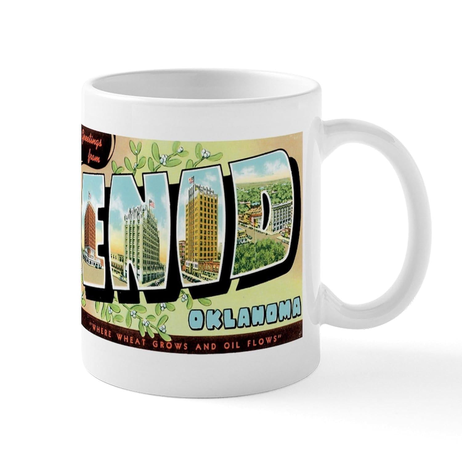 Tailorly White Ceramic 11 oz Mug - Greetings From Enid Oklahoma Where Wheat Grows And Oil Flows Vintage Retro Style With City Buildings Hidden Inside Large Letters