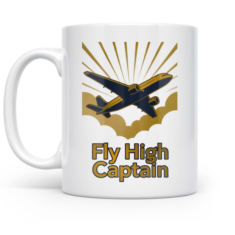 Tailorly White Ceramic 11 oz Mug - Fly High Captain Soaring Through Golden Clouds Under Radiant Stylized Sunburst Lines Airplane