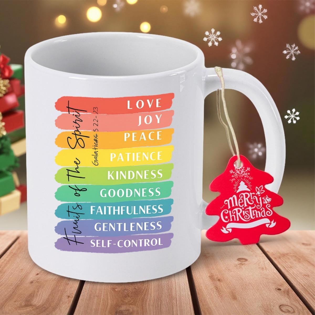 Tailorly White Ceramic 11 oz Mug - Fruit Of The Spirit Love Joy Peace Patience Kindness Goodness Faithfulness Gentleness Self Control Colorful Rainbow Brushstrokes