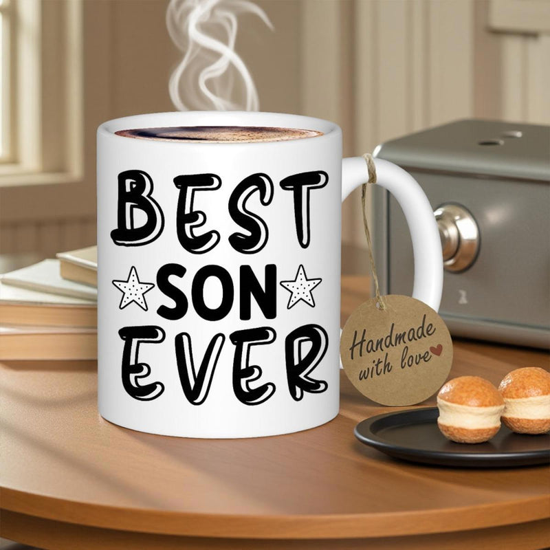 Tailorly White Ceramic 11 oz Mug - Best Son Ever Simple Bold Letters Flanking Two Decorative Hollow Five Pointed Stars Mug