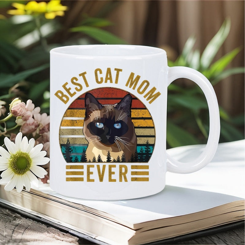 Tailorly White Ceramic 11 oz Mug - Best Cat Mom Ever Retro Vintage Sunset With Forest Silhouette Behind A Realistic Siamese Cat