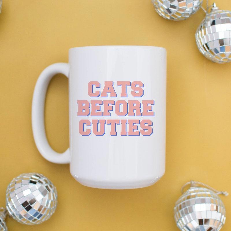 Tailorly White Ceramic 11 oz Mug - Cats Before Cuties Bold Pink Block Letters Stacked Neatly On A Polished White Surface Typography
