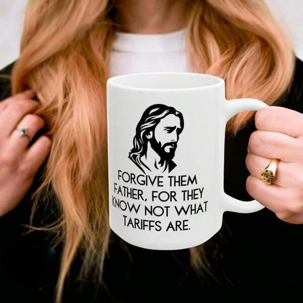 Tailorly White Ceramic 11 oz Mug - Forgive Them Father For They Know Not What Tariffs Are Minimalist Black Ink Silhouette Featuring Detailed Hair And Beard Jesus