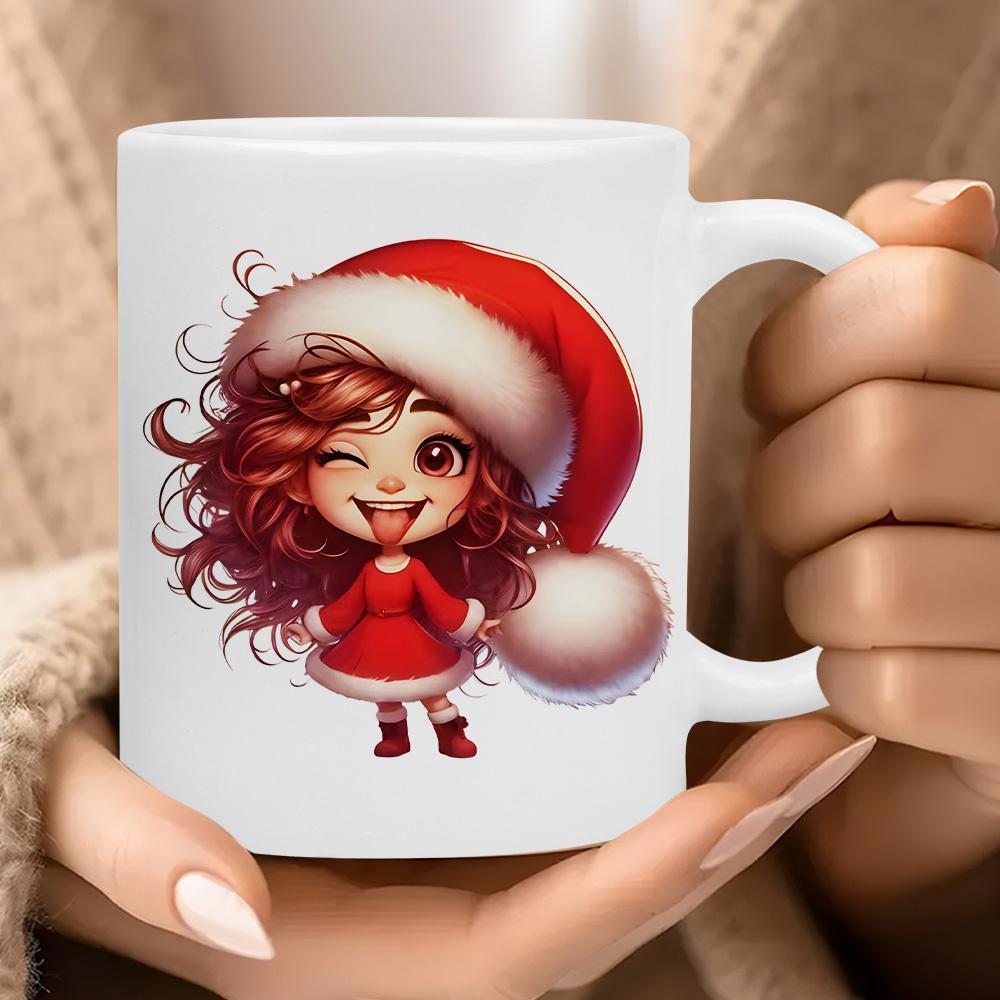 Tailorly White Ceramic 11 oz Mug - Cute Winking Cartoon With Curly Hair Wearing Festive Red Santa Hat Girl