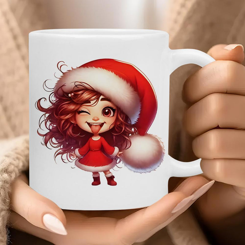 Tailorly White Ceramic 11 oz Mug - Cute Winking Cartoon With Curly Hair Wearing Festive Red Santa Hat Girl