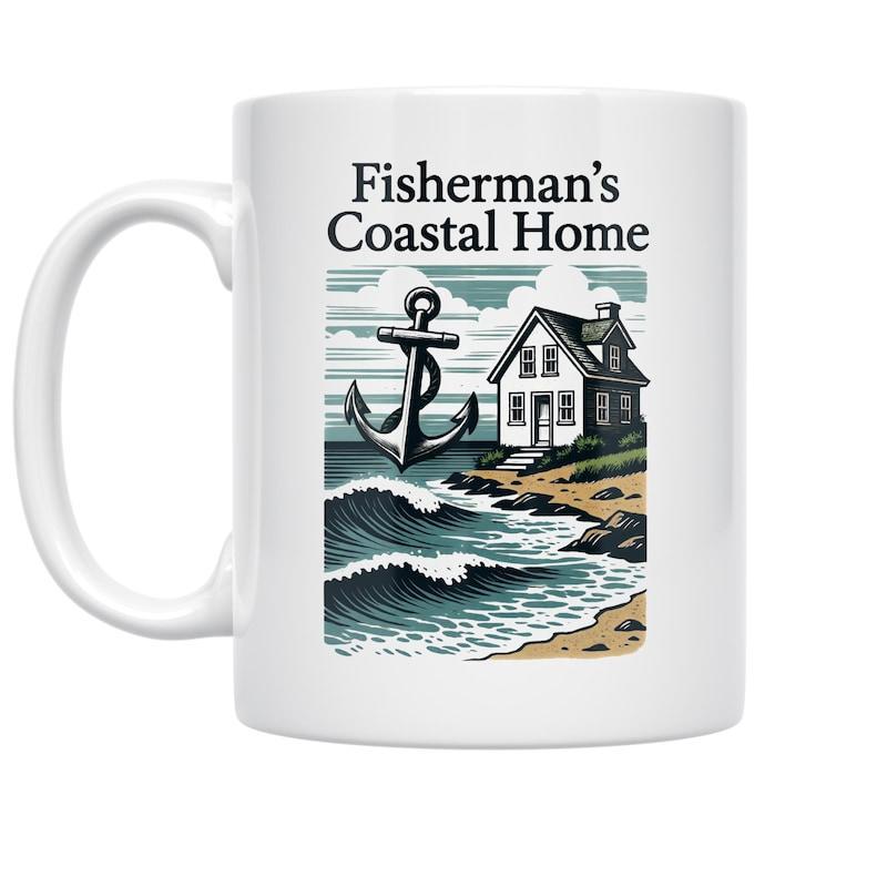 Tailorly White Ceramic 11 oz Mug - Fishermans Coastal Home Nautical Style Anchor With Seaside Cottage Facing Crashing Ocean Waves Anchor