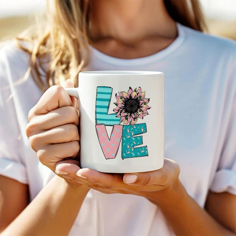 Tailorly White Ceramic 11 oz Mug - Love Decorative Block Letters Featuring Pink Sunflower And Vibrant Stripes Patterns Sunflower