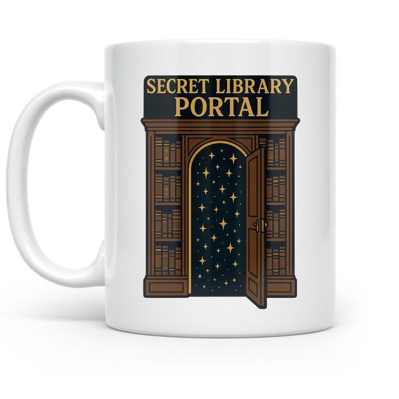 Tailorly White Ceramic 11 oz Mug - Secret Library Portal Vintage Wooden Bookshelf With Open Door Revealing A Magic Glowing Galaxy Starry Portal